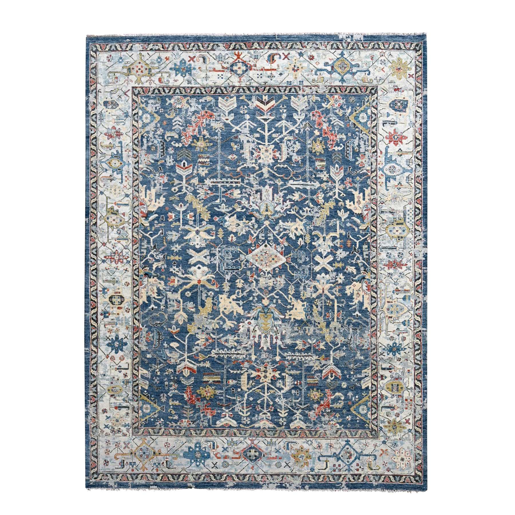 Meditative Blue, Densely Woven, Broken and Erased Hand Knotted Persian Heriz All Over Design With Soft Color Palette, Shiny Wool, Oriental Rug